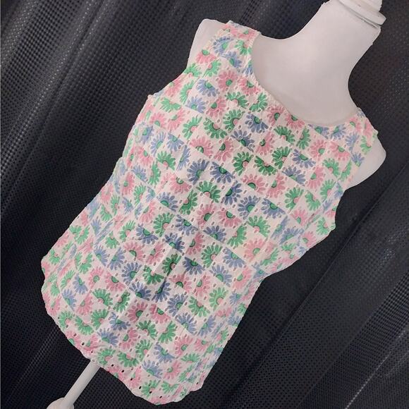TALBOTS! SWEET PINK, WHITE, GREEN & BLUE PASTEL EYELET FLOWER TOP, BLOUSE! SZ M - Picture 1 of 10